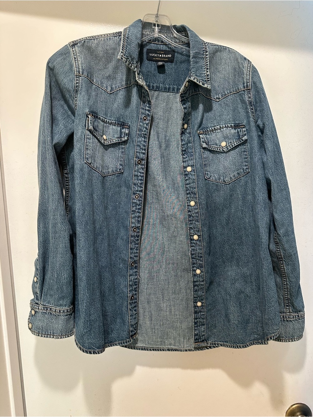 Lucky Brand Light Blue Denim Western Shirt Jacket w Pearl Snaps Size Small